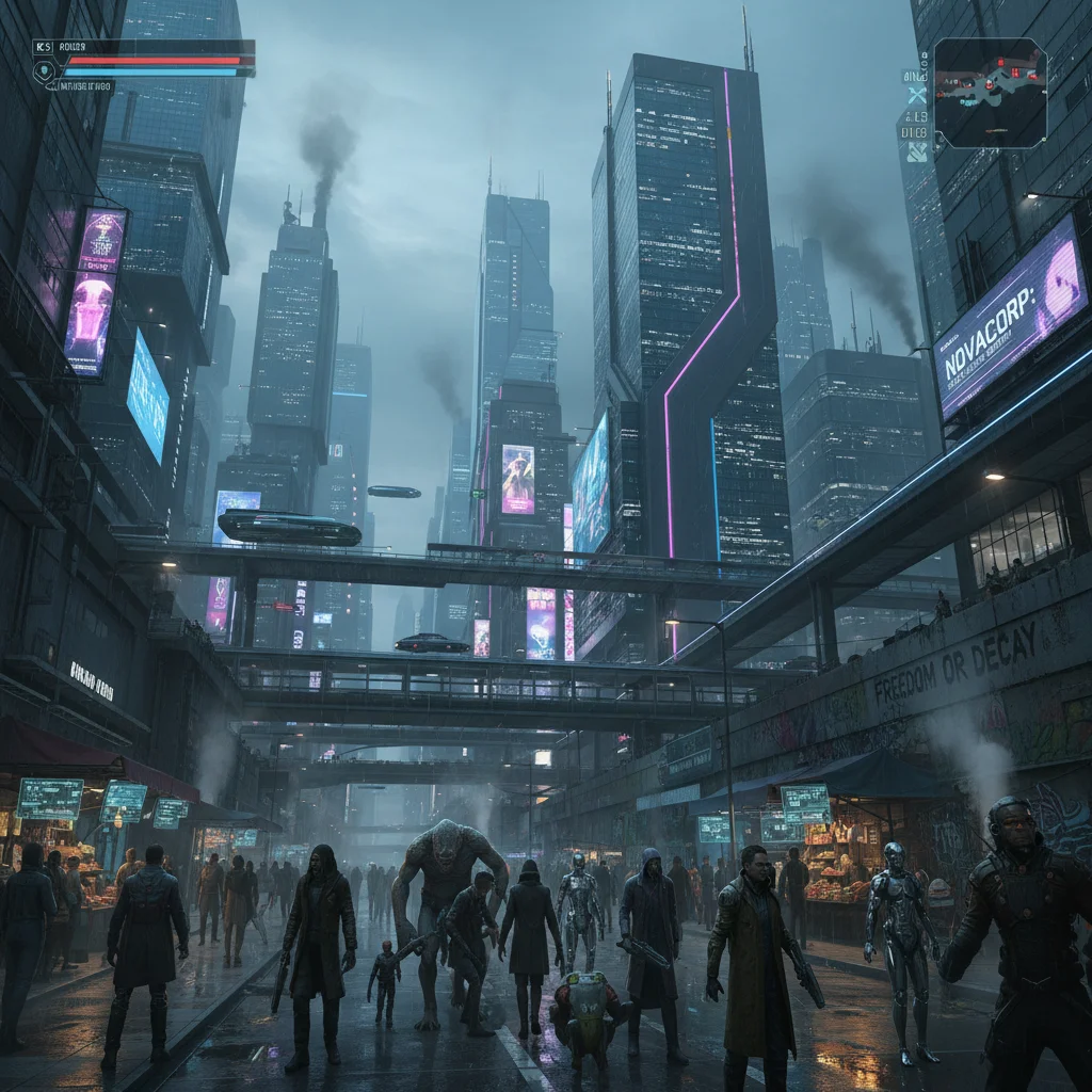 Futuristic sci-fi RPG cityscape with neon lights and flying vehicles, illustrating an immersive open-world environment.
