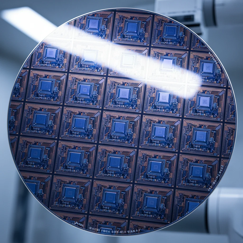 Close-up of a semiconductor wafer showing intricate microchip patterns.