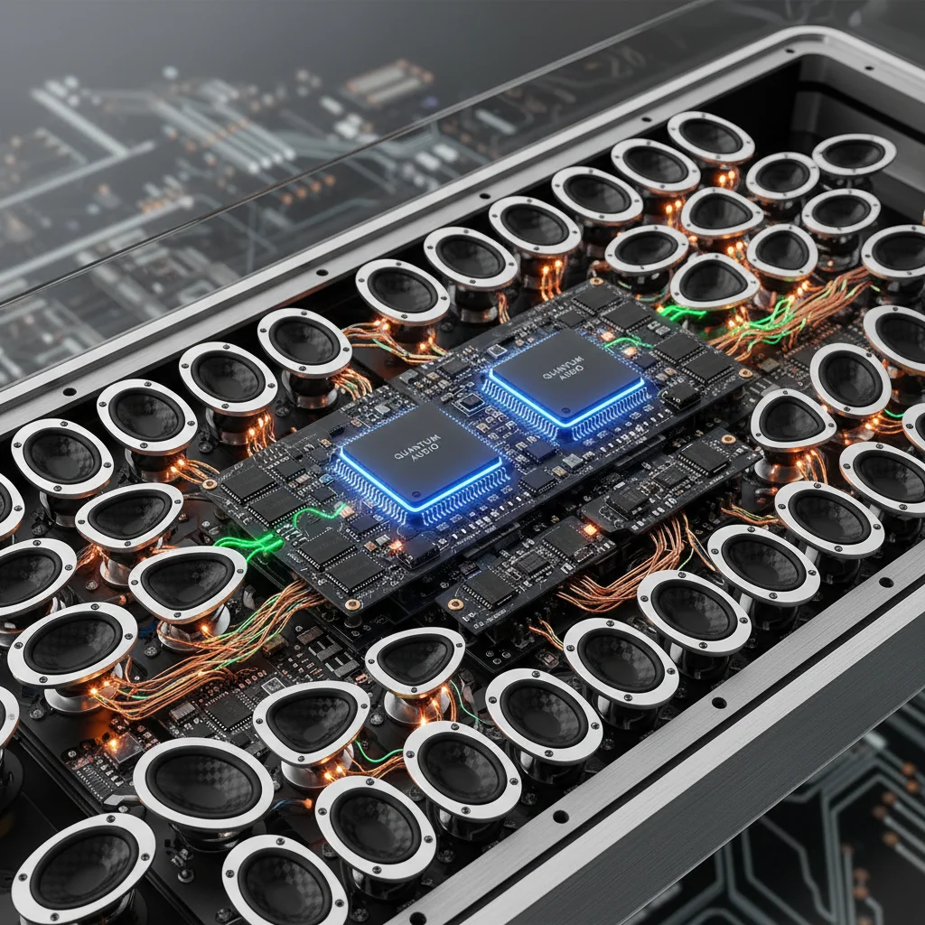 Detailed internal view of a soundbar's advanced speaker and processing components