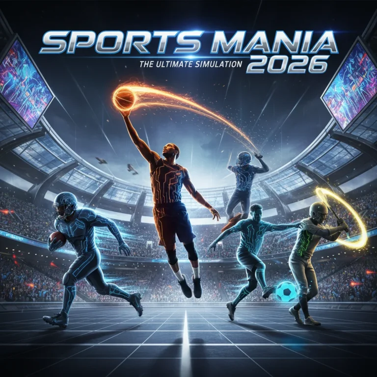 Dynamic cover art for Sports Mania 2026 featuring diverse athletes in action.