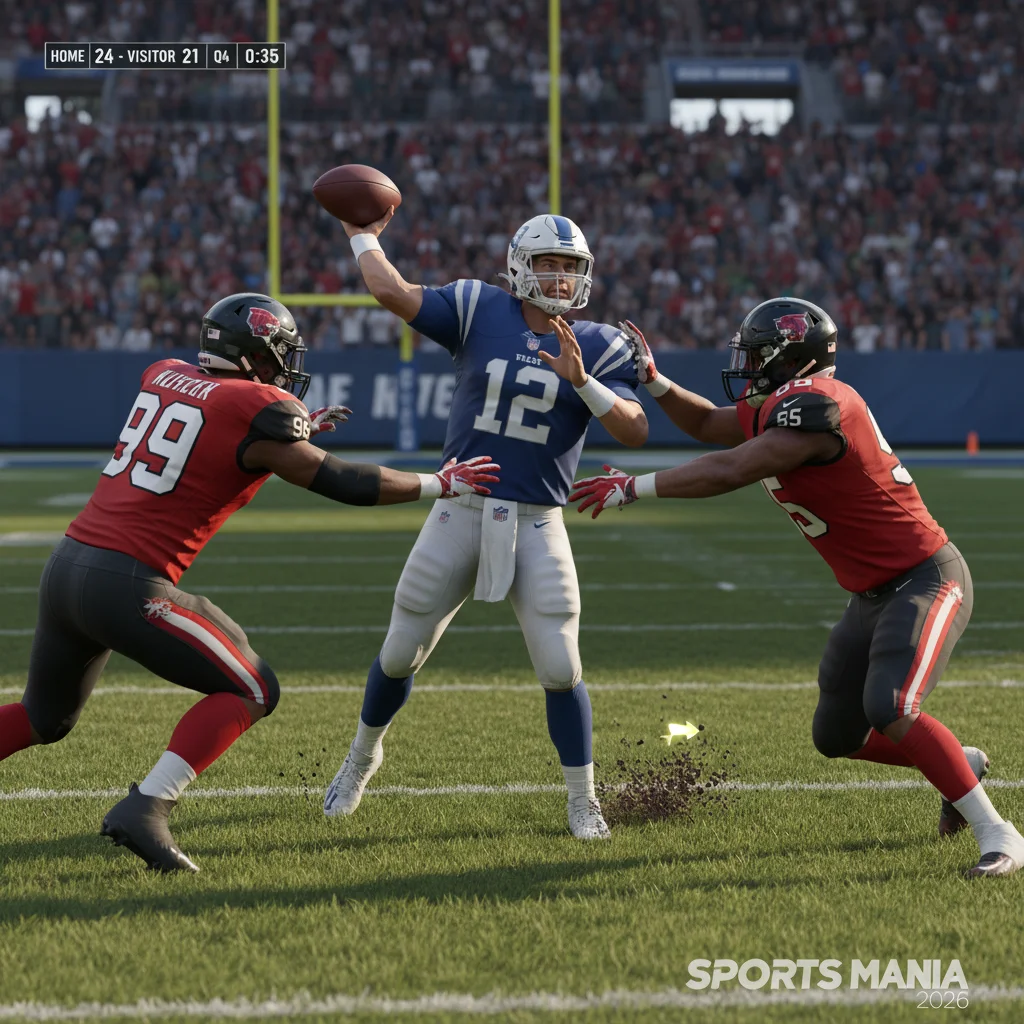 In-game screenshot of American football action in Sports Mania 2026, highlighting realistic graphics.