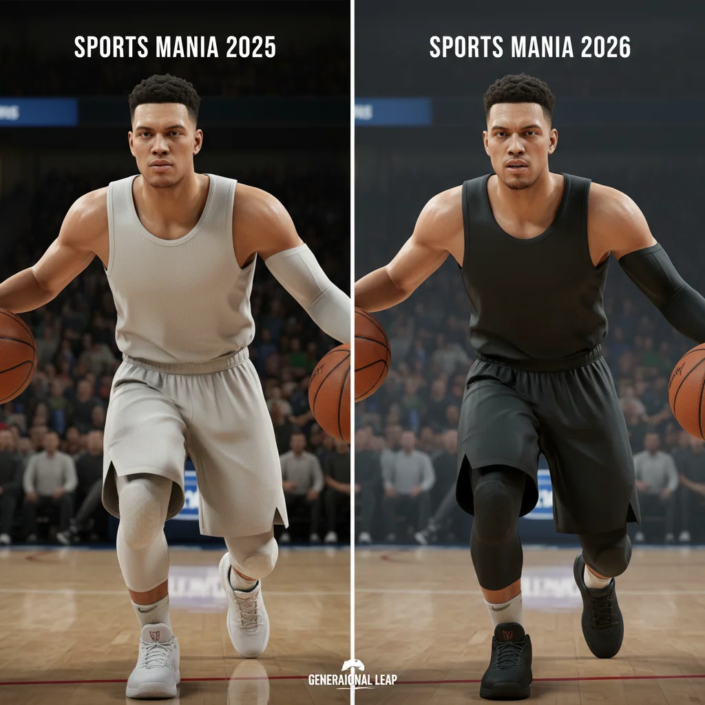 Comparison of graphics between Sports Mania 2025 and Sports Mania 2026, showing visual improvements.