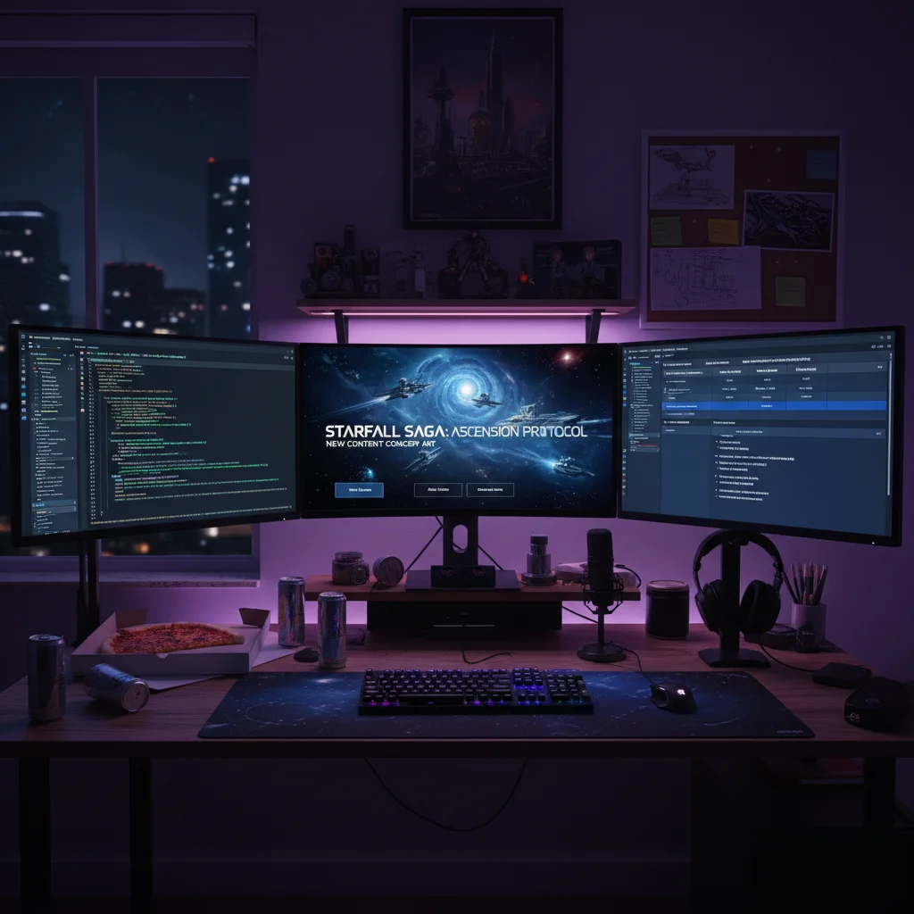 Developer's desk showing Starfall Saga code, concept art, and future content roadmap.