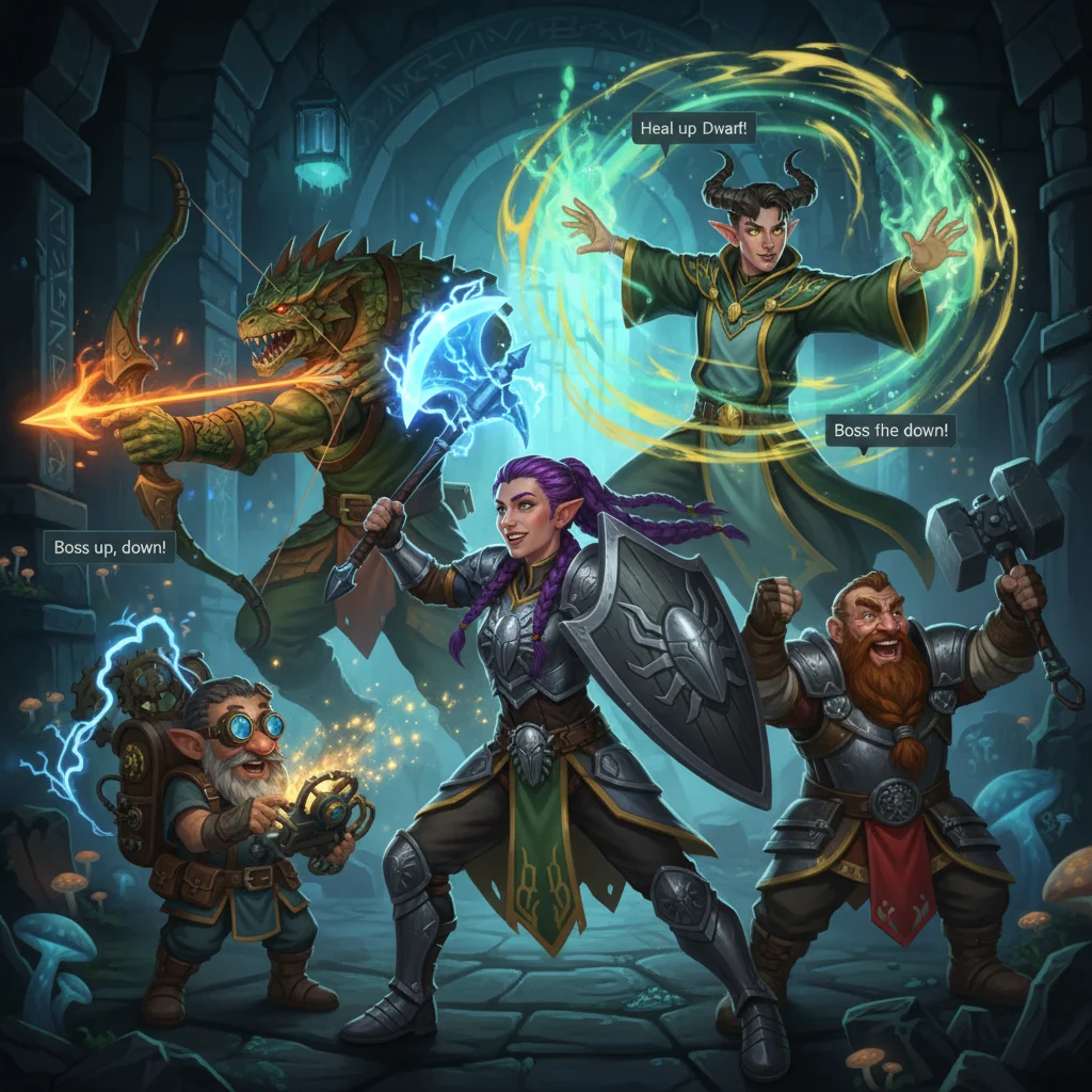 Starfall Saga players collaborating in a vibrant in-game dungeon, showcasing teamwork.