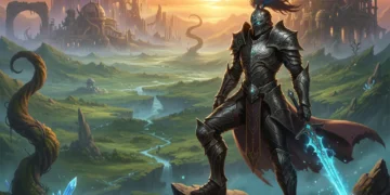 Starfall Saga hero overlooking a fantastical landscape at sunset, symbolising adventure.