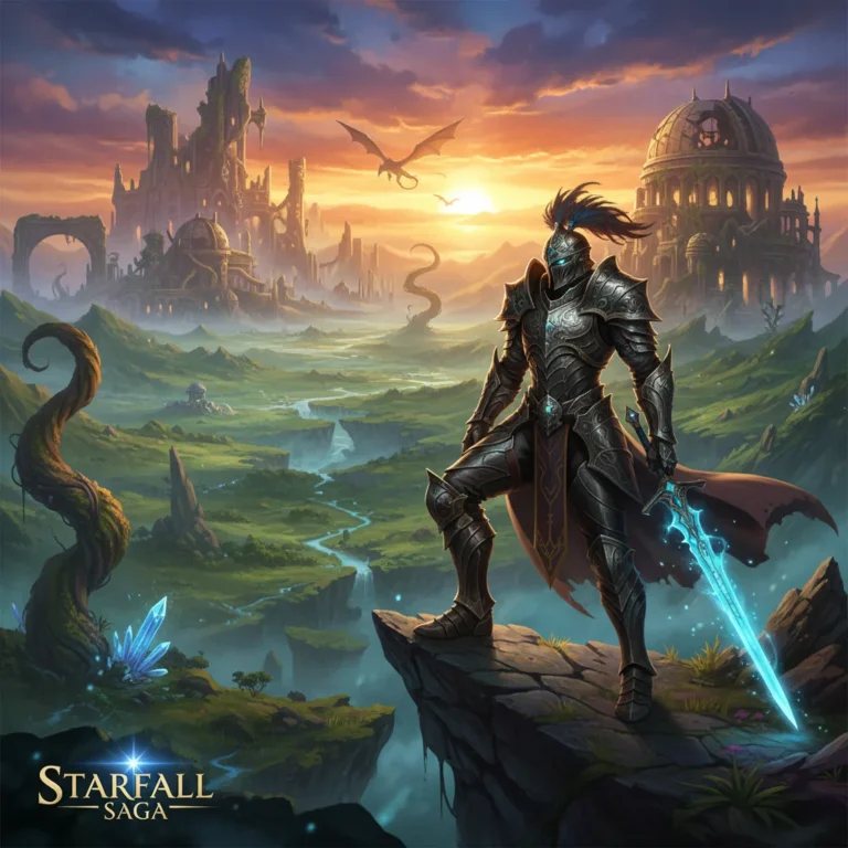 Starfall Saga hero overlooking a fantastical landscape at sunset, symbolising adventure.