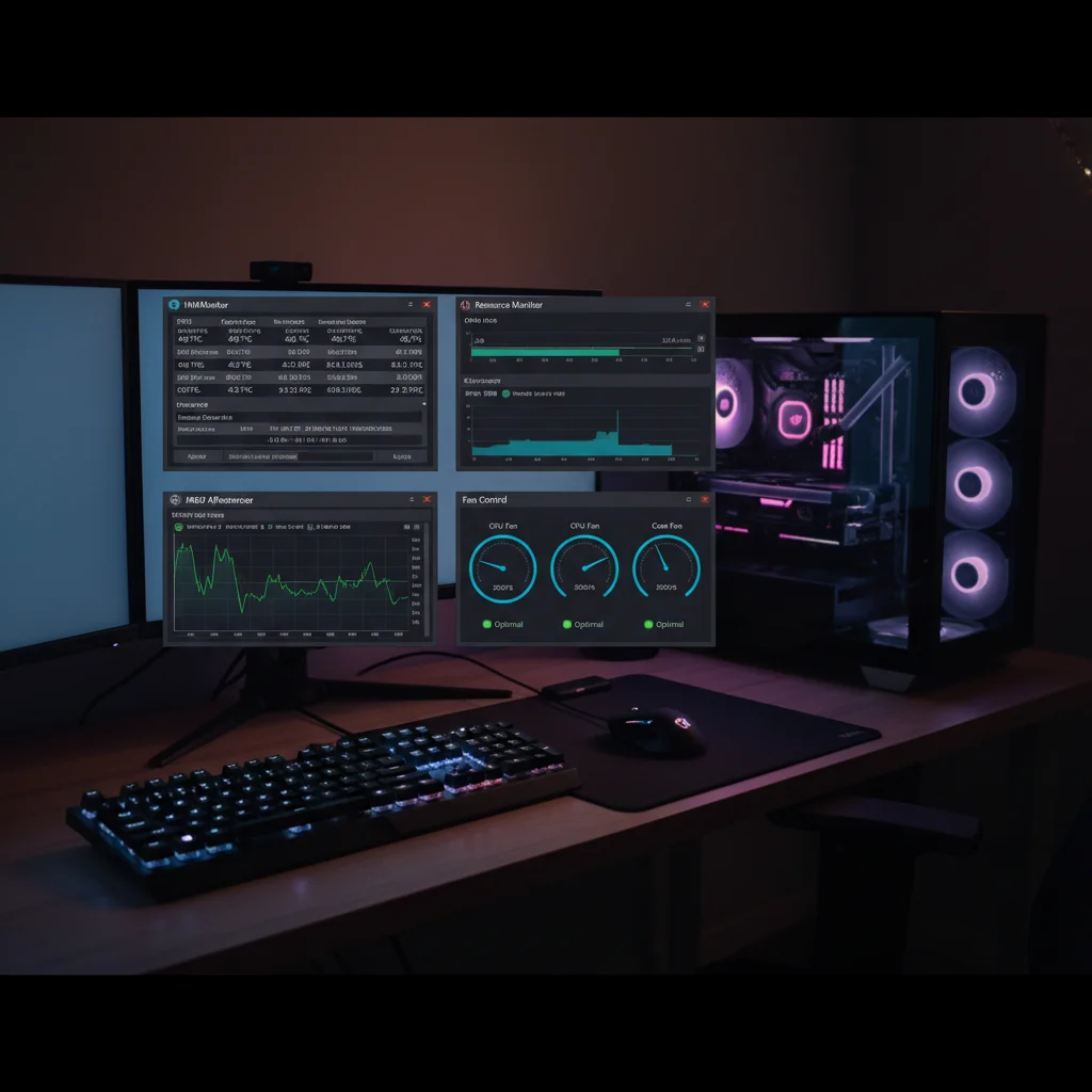 Computer screen displaying multiple system monitoring tools showing healthy CPU temperature, GPU usage, and fan speeds, demonstrating successful gaming PC optimization and performance monitoring.