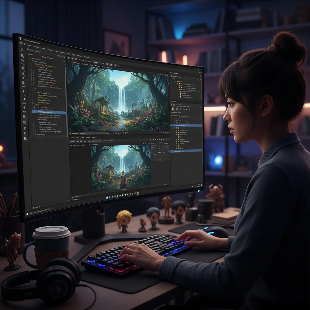 Game developer utilising Unity editor to create a complex environment, showcasing real-time asset management and coding.