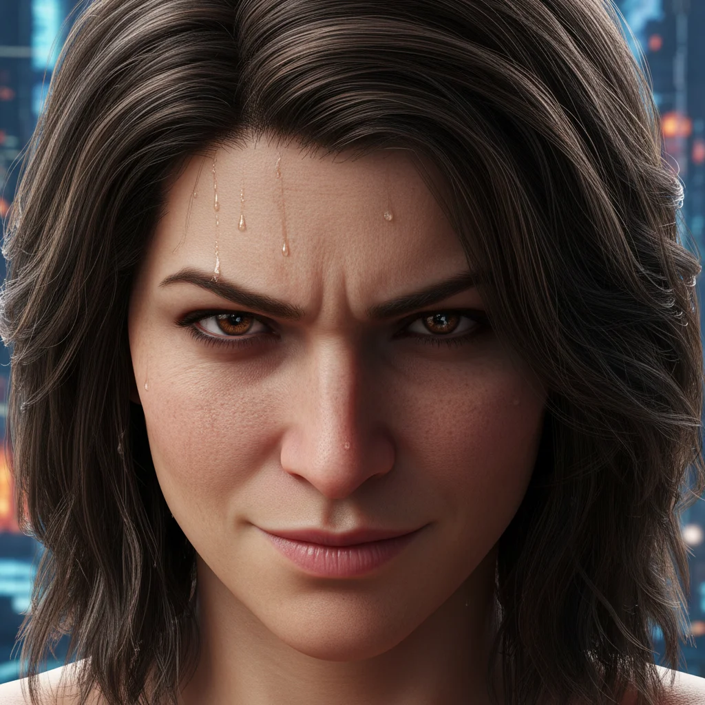 Close-up of a hyper-realistic game character model with detailed facial expressions and textures, powered by Unreal Engine 6.