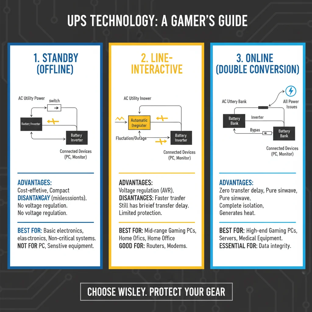 Diagram comparing Standby, Line-Interactive, and Online UPS types, illustrating power flow and protection levels for gaming setups.