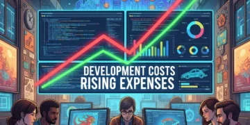 Illustration of rising US game development costs in a studio setting, with financial charts and game assets.