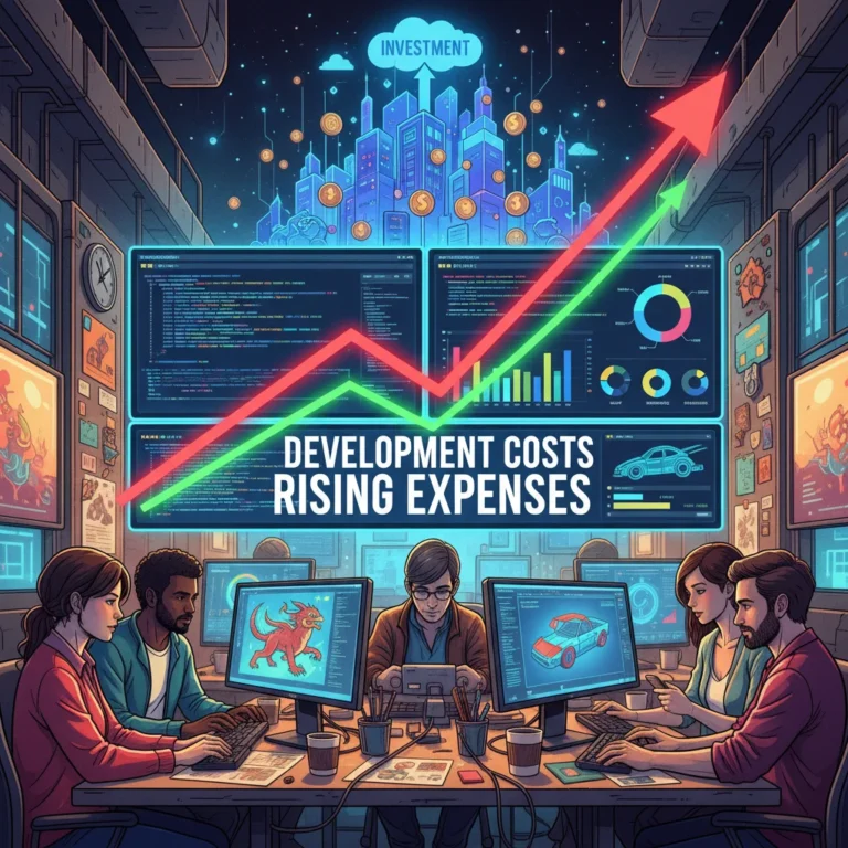 Illustration of rising US game development costs in a studio setting, with financial charts and game assets.