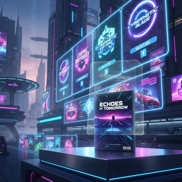 Futuristic gaming landscape showing digital downloads and physical game sales in the US.