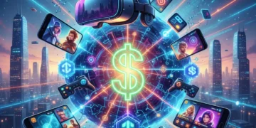 Futuristic digital art representing investment in the US gaming industry, with VR, AI, and blockchain symbols.