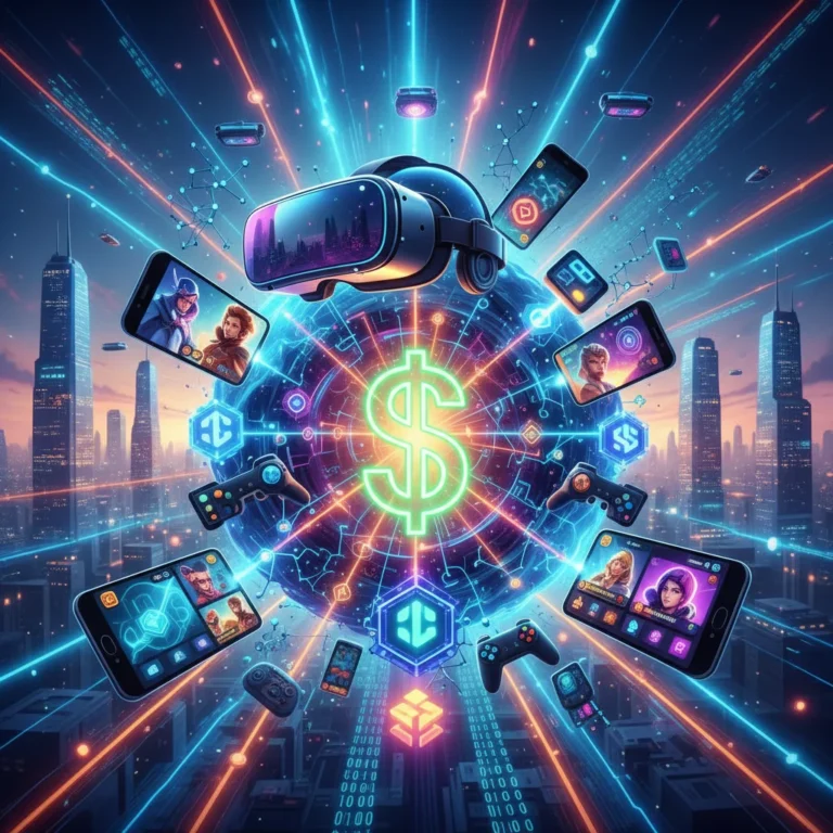 Futuristic digital art representing investment in the US gaming industry, with VR, AI, and blockchain symbols.