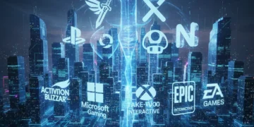 Futuristic cityscape with gaming company logos, symbolising US gaming mergers and acquisitions.