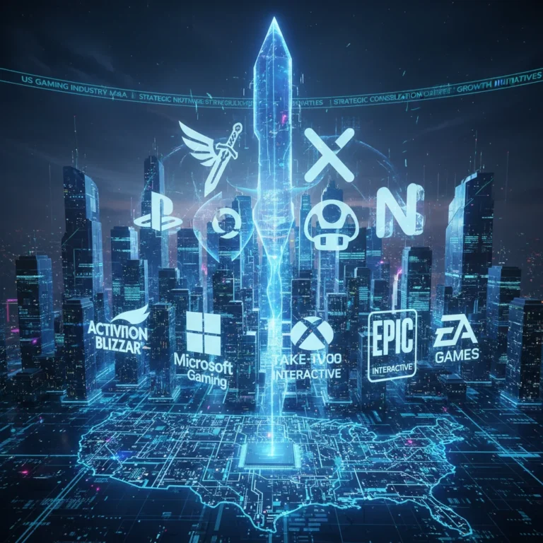Futuristic cityscape with gaming company logos, symbolising US gaming mergers and acquisitions.