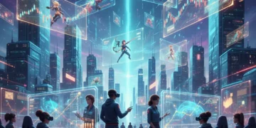 Dynamic digital illustration showing US gaming market trends and economic projections for 2025-2026.
