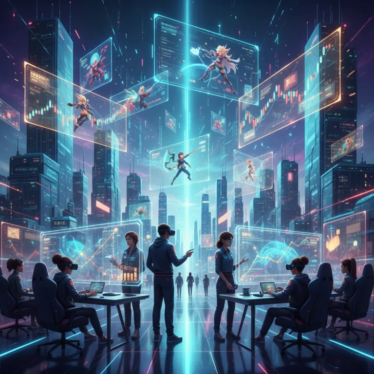 Dynamic digital illustration showing US gaming market trends and economic projections for 2025-2026.