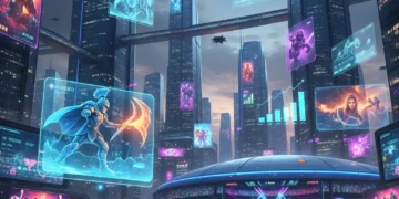 Dynamic digital cityscape representing the evolving US gaming market with data overlays.