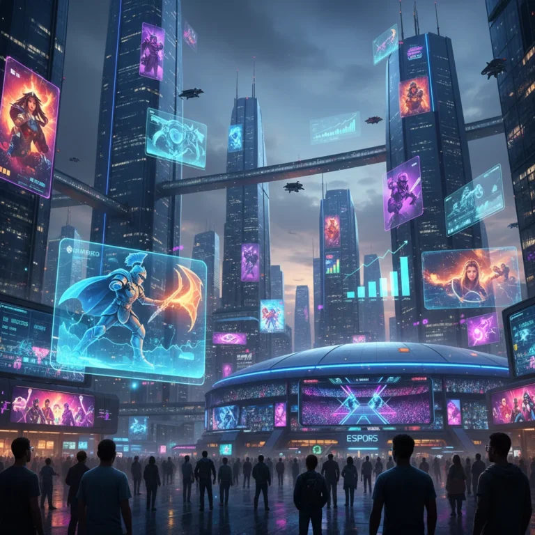 Dynamic digital cityscape representing the evolving US gaming market with data overlays.