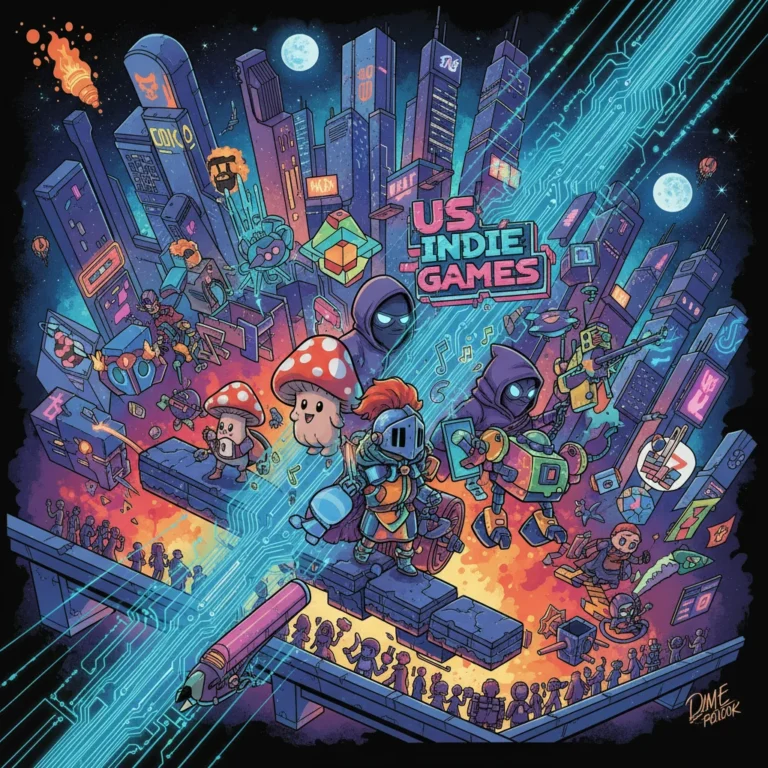 Illustration of diverse indie game characters representing growth in US indie game development.