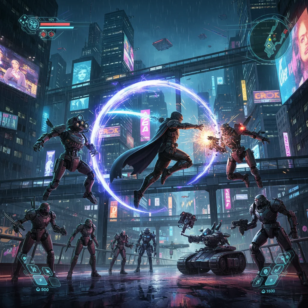Vanguard Legacy intense combat sequence in cyberpunk setting