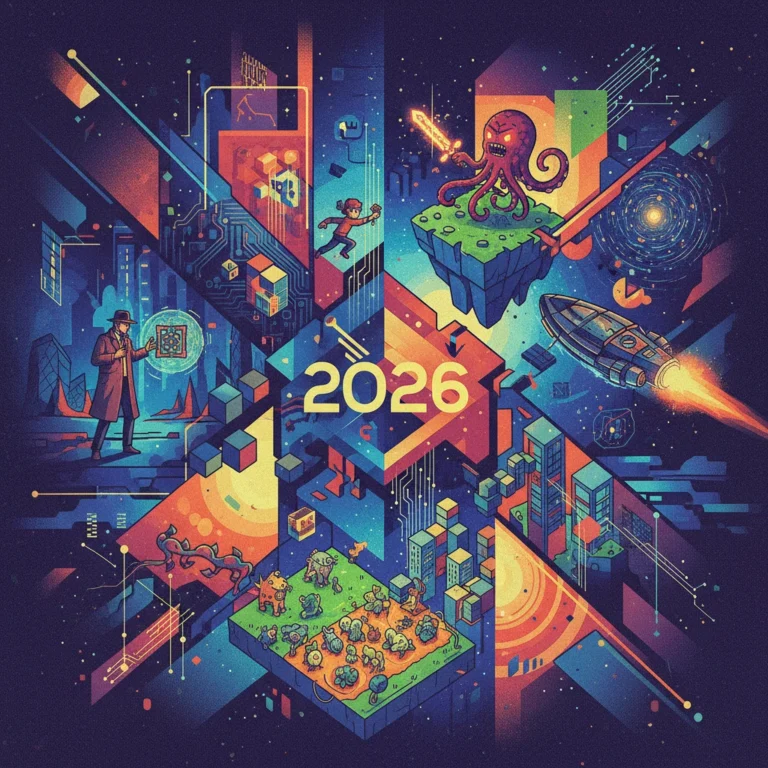 A vibrant collage showcasing diverse indie game aesthetics for 2026, including pixel art, abstract designs, and futuristic elements.