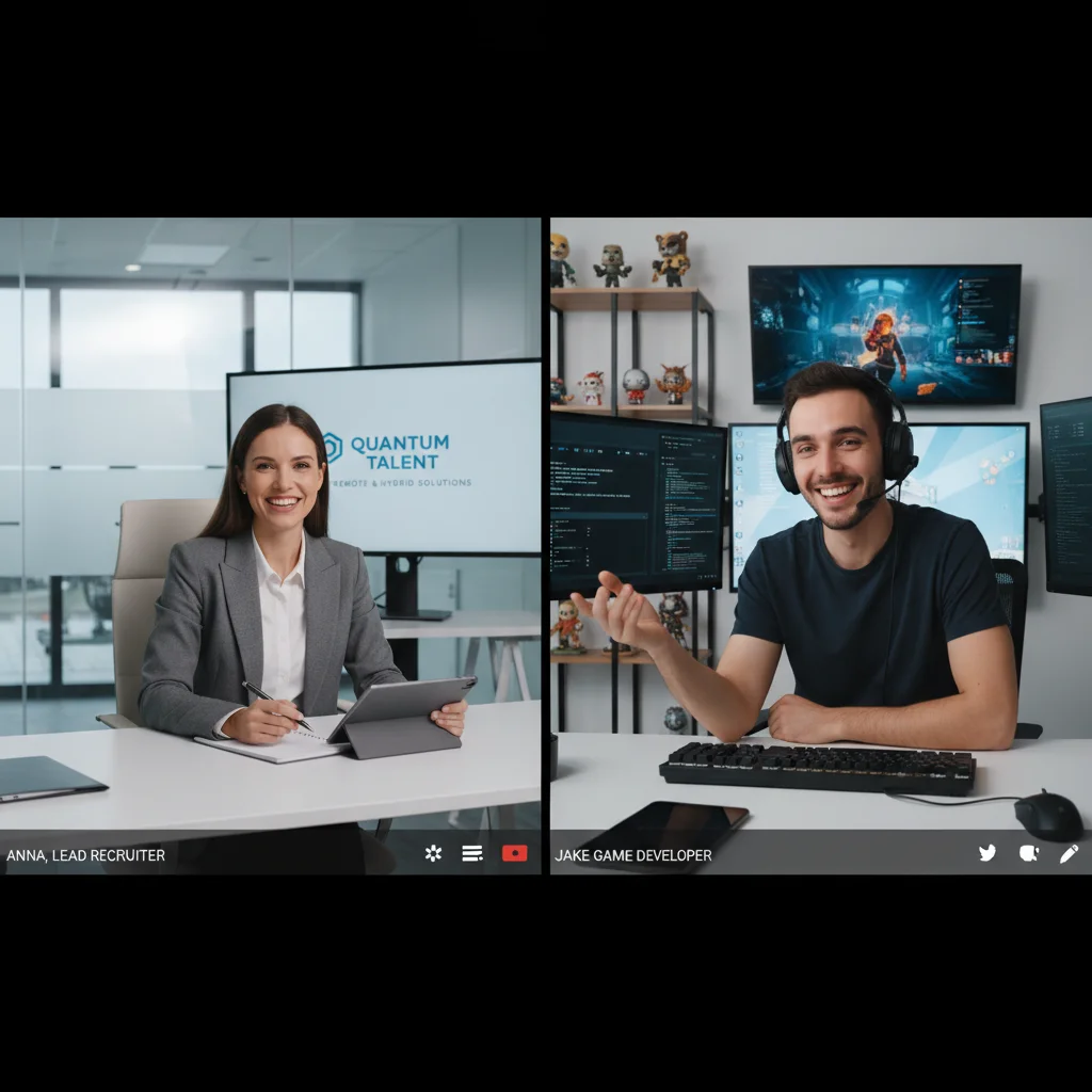 Recruiter conducting a virtual interview with a game developer, highlighting remote hiring.