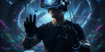 Futuristic VR gamer experiencing 'Mirage Horizon' in 2026 with advanced headset and haptic feedback.