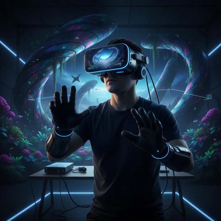 Futuristic VR gamer experiencing 'Mirage Horizon' in 2026 with advanced headset and haptic feedback.