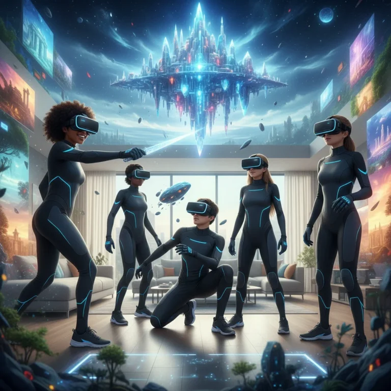 People enjoying virtual reality gaming in a modern home, showcasing widespread VR gaming adoption in the US.