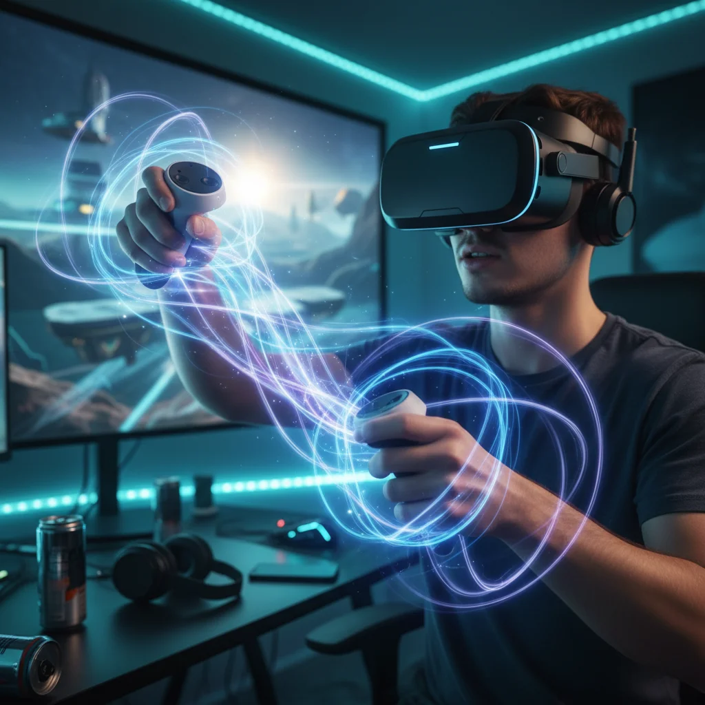 Gamer experiencing deep virtual reality immersion with haptic controllers.