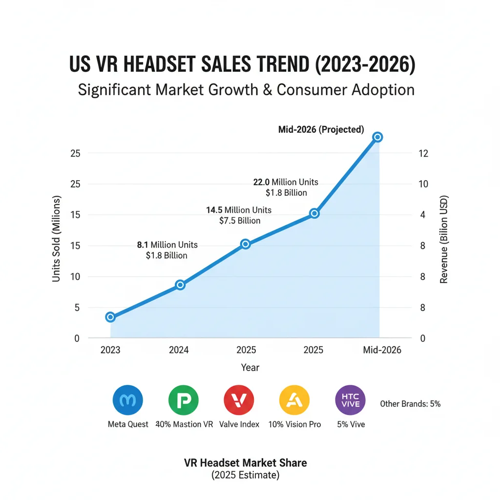 Infographic showing increasing VR headset sales in the US from 2023 to 2026, illustrating market growth.