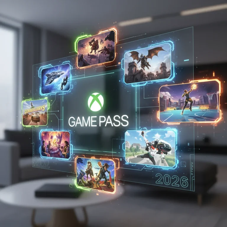 Xbox Game Pass logo with diverse game thumbnails and '2026' indicating future releases.