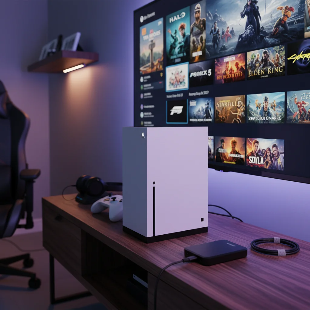 Xbox Series X connected to a high-speed external SSD for expanded game storage and quick access.