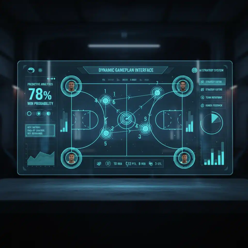 Basketball game's AI-driven strategy interface with dynamic play diagrams and real-time stats.