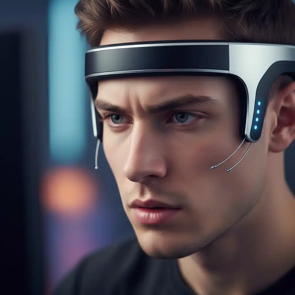 Gamer wearing a sleek brain-computer interface headset for mental gaming control