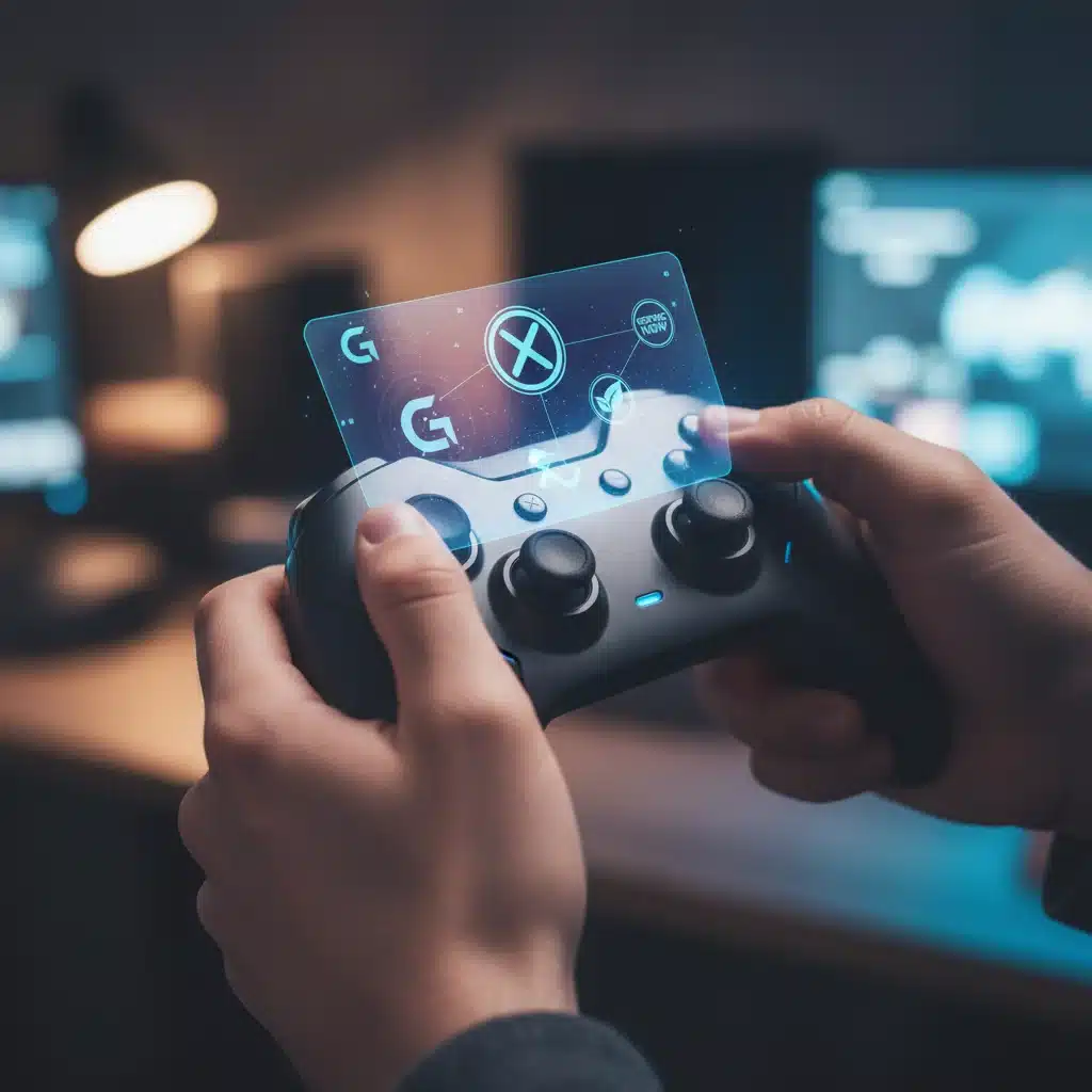 Hand holding gaming controller interacting with cloud gaming services, illustrating future gameplay.