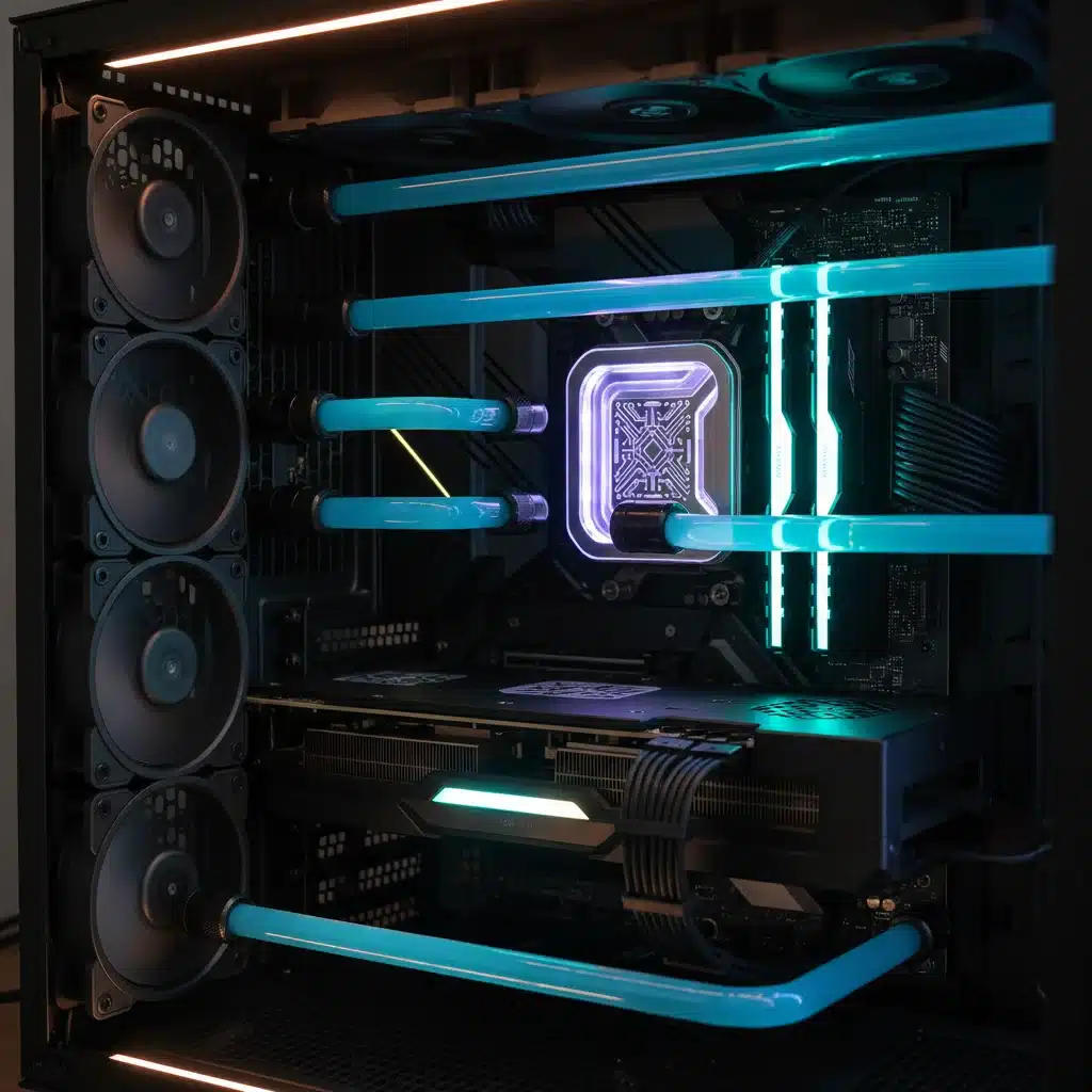 Custom liquid cooling loop with coloured coolant and CPU water block in a gaming PC.