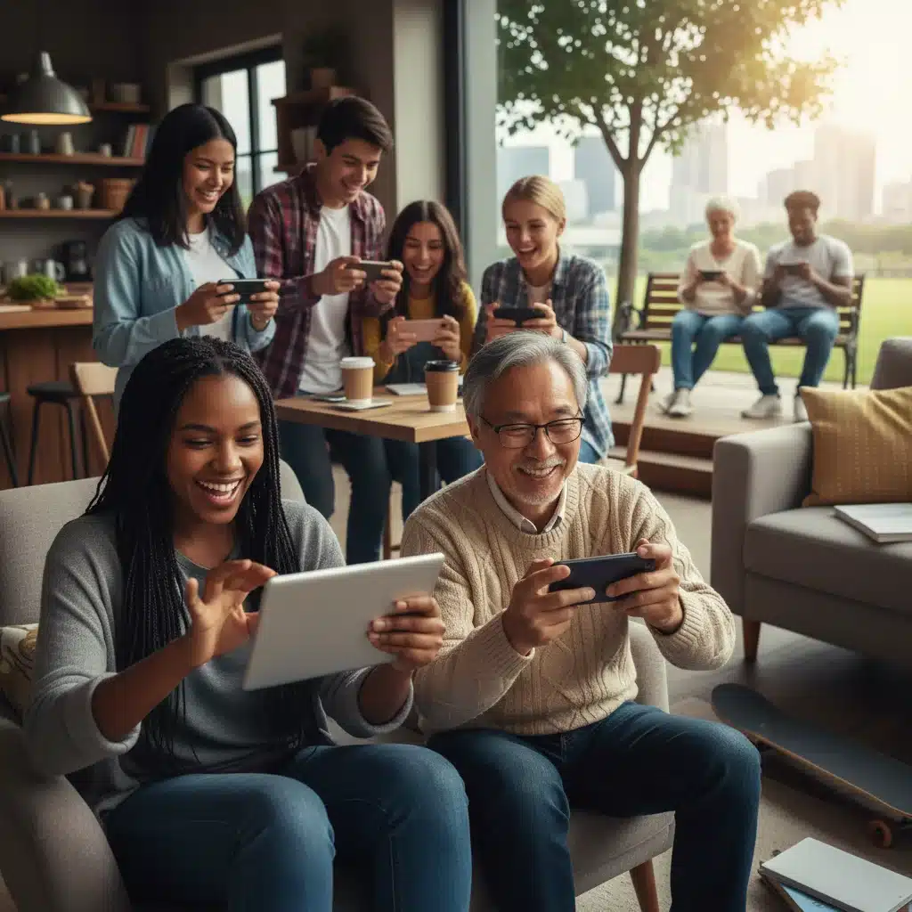 Diverse group of people enjoying mobile games on various devices, showcasing broad appeal.