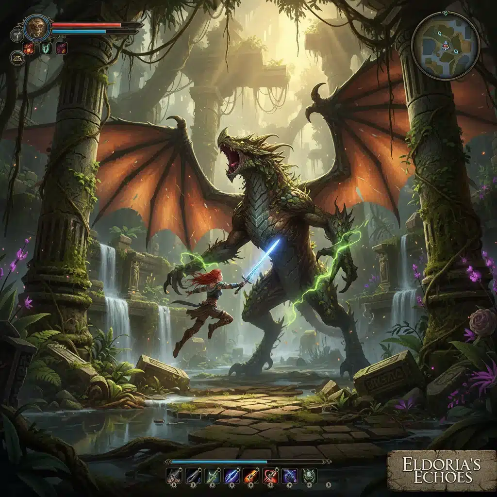 Dynamic combat scene in ancient ruins, highlighting innovative gameplay of a 2026 hidden gem.