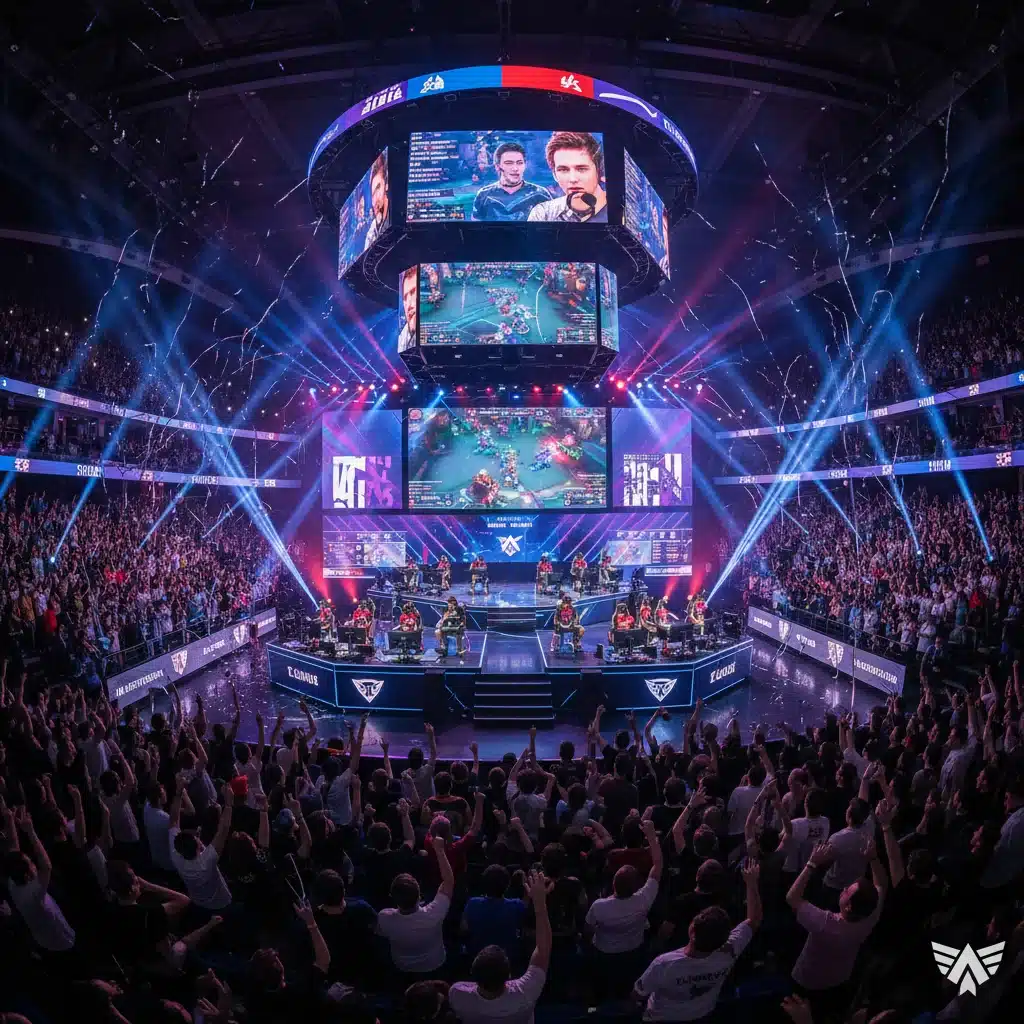 Professional esports arena with gamers competing on stage and a cheering audience.