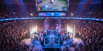 Packed esports arena in the US with screens and players, highlighting competitive gaming's appeal.