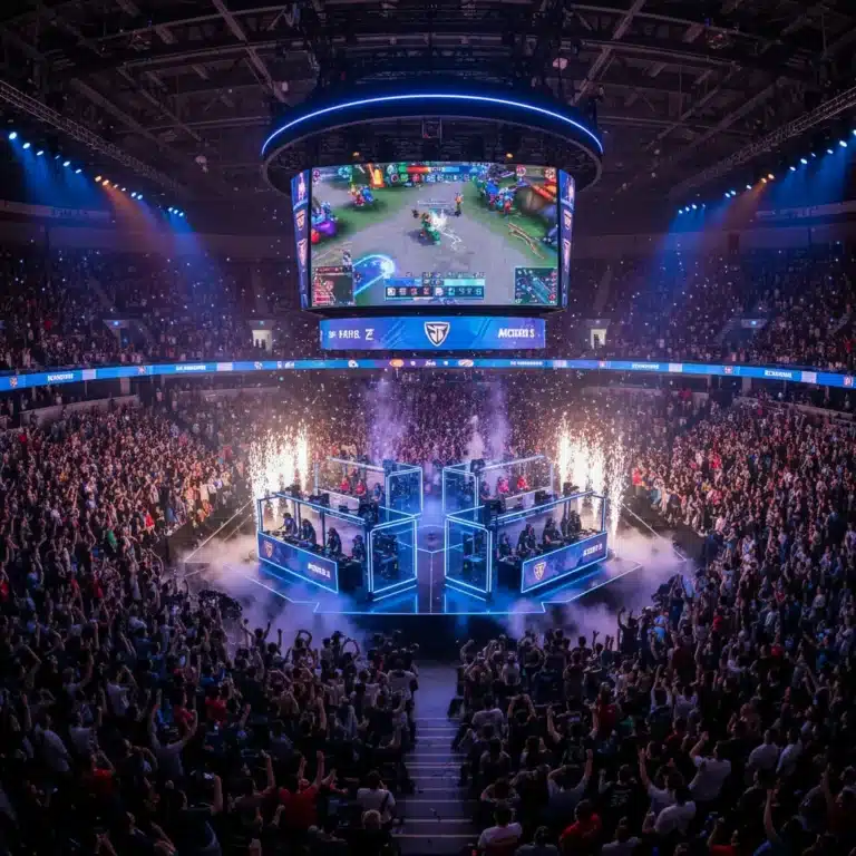 Packed esports arena in the US with screens and players, highlighting competitive gaming's appeal.