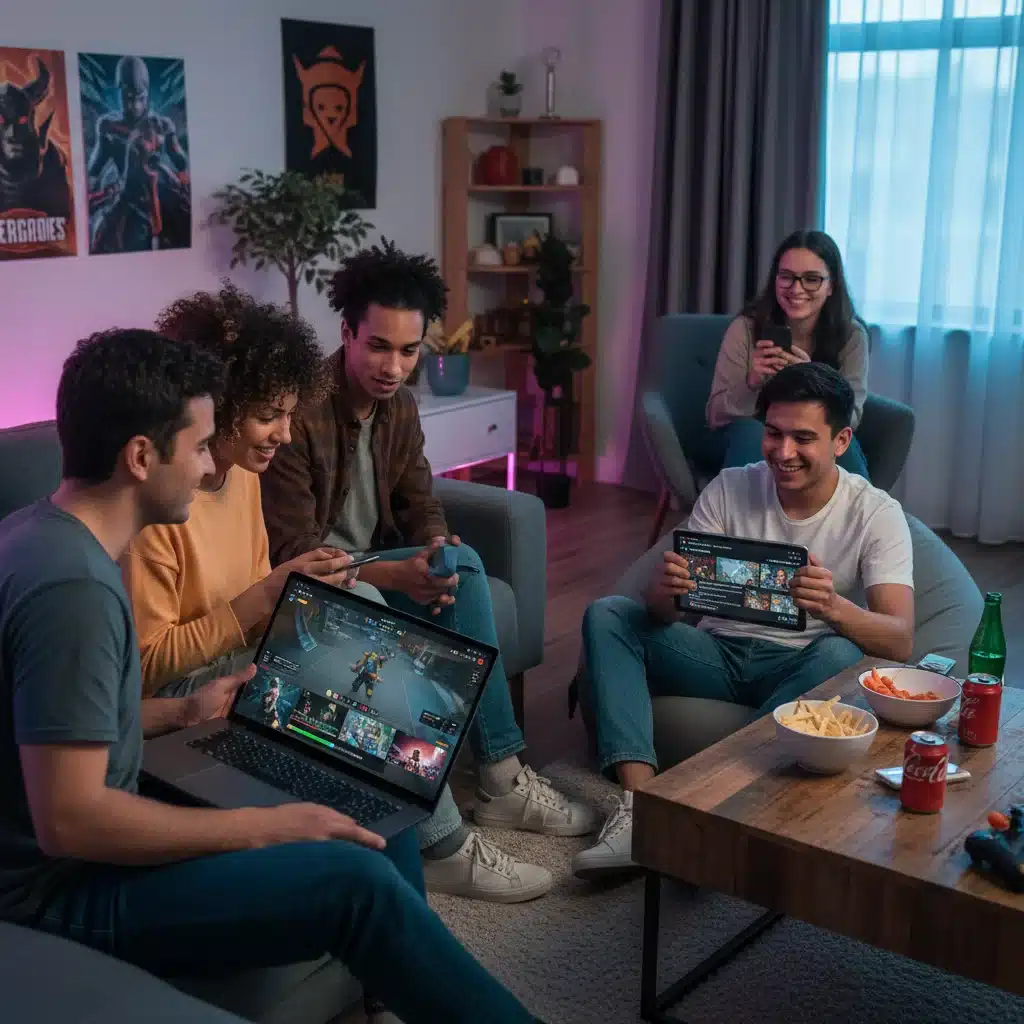 Diverse fans watching esports on multiple devices, showcasing broad viewer engagement.