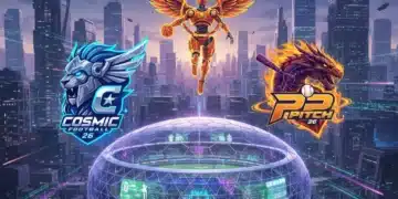 Futuristic sports game logos converging on a holographic stadium, representing 2026 gaming innovation.