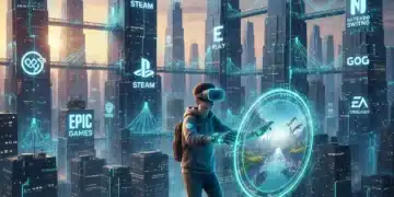 Futuristic digital cityscape representing the evolution of US game distribution platforms by 2026.