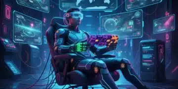 Futuristic gaming setup with diverse alternative controllers and immersive holographic displays