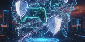 Navigating US Gaming Data Privacy: 2026 Compliance Challenges Futuristic digital gaming landscape with data streams and privacy shields, representing US gaming data privacy challenges.